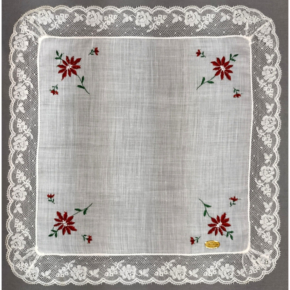 Vtg Swiss Cotton Handkerchief Red Poinsettia Embroidery White Lace Trim 12x12 - Picture 2 of 5